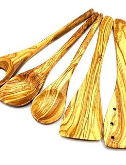 Olivenholz-erleben Kochbesteck-Set aus naturbelassenem Olivenholz (Set, 5-tlg., Kochlöffel ohne/mit Ecke, Pfannenwender mit/ohne Löcher, Salatbesteck), Schonend zu Pfannen & Töpfen, geschmacksneutral