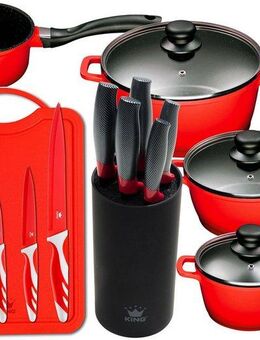 KING Topf-Set Aluguss Red, Aluminiumguss (Set, 15-tlg., 4Töpfe,3 Deckel,1 Messerblock,5 Kochmesser,Messer-Set + Schneidebrett), Induktion