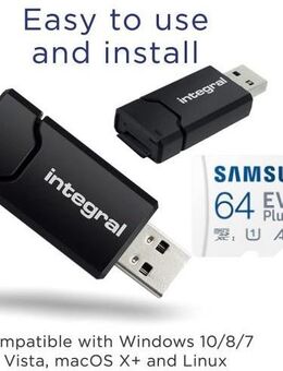 Speicherkartenleser integral, USB 3.0 Typ A, MicroSD Laufwerk, Samsung EVOPlus MicroSDXC 64GB mit einer Datenübertragung von bis zu 130MB/s, inklusive SD-Adapter - Fürth