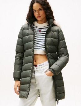 Tommy Jeans Steppmantel TJW ESSENTIAL HOODED DOWN COAT mit Fellimitat, Logostickerei