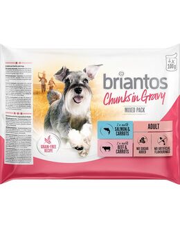 Briantos Frischebeutel Probiermix 4 x 100 g - Chunks in Gravy (Lachs & Rind)