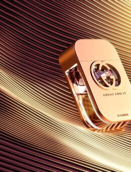 Gucci Flakon, Fotodruck 20x30 cm glänzend, Luxus Eleganz Gold Beauty Design&Stil - Celle