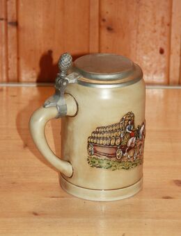 Bierkrug bayrisches Brauereigespann m Deckel Deko 0,5 L Steingut Keramik Vintage - Borken