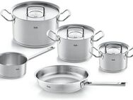 Fissler Topf-Set ORIGINAL-PROFI COLLECTION® Edelstahl-Topfset, Edelstahl 18/10 (8-tlg., je 1 Kochtopf 16/20/24 cm, Stielkasserolle 16 cm, Pfanne 24 cm), mit breitem Schüttrand, Kaltmetallgriffen. Made in Germany