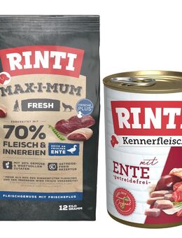 RINTI Kombi-Paket: 12 kg Max-i-mum + 12 x 400 g Kennerfleisch - Ente: 12 kg Max-i-mum + 12 x 400 g Kennerfleisch