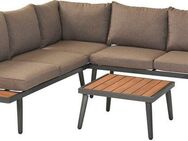 MERXX Gartenlounge-Set »Korfu«, (Set, 13-tlg., mit seitlicher Ablagefläche aus Kunststoff in Holzoptik), Eckbank ink. Sitz- und Rückenkissen