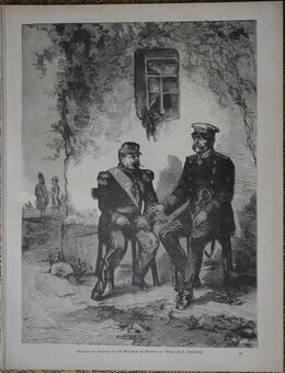 Grafik : Bismarck und Napoleon vor dem Weberhaus bei Donchery am Morgen des 2. Septembers. , Blatt 35cm x 27cm , M39 - Görlitz