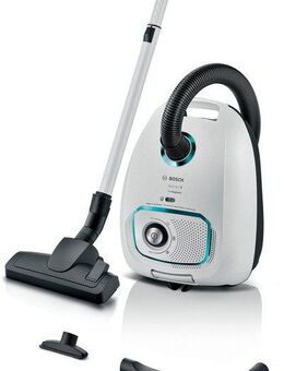 BOSCH Bodenstaubsauger Serie 4 ProHygienic BGD41HYG, ideal für Allergiker, Hygiene-Filter, 600 W, mit Beutel, 10 Jahre Motorgarantie, integriertes Zubehör, langes Kabel, weiß