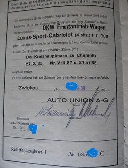 Auto Union DKW Kraftfahrzeug-Brief 1938. Luxus-Sport-Cabriolet "F7-700" Zwickau, Chemnitz. Original Audi Kfz-Brief. Urkunde, Dokument. Erst-Zulassung Dezember 1938. TOP Zustand, vgl. Fotos - Bad Oeynhausen