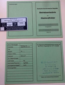 Simson S 50, S50, Blanko Betriebserlaubnis BE ABE & Typenschild Restbestand - Wittingen Zentrum