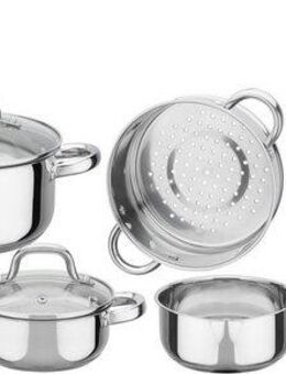 GSW Topf-Set Montreal, Edelstahl (Set, 11-tlg., je 1 Kochtopf 14/16/20 cm, 1 Stieltopf 14 cm), Kaltmetall-Griffe, Glasdeckel, inkl. Kochutensilien, Induktion