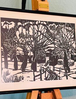 Bild, Expressionismus, Linolschnitt, Signiert, Norwegen malerische Landschaft, Hingucker - Gundelsheim Zentrum