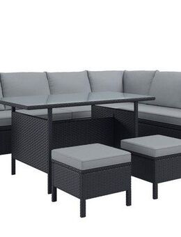 KONIFERA Gartenlounge-Set Manhatten, Gartenmöbel Set, (Set, 18-tlg., Ecklounge, Tisch 66x120x74 cm, 2 Hocker, inkl. Auflagen), Stahl/Polyrattan