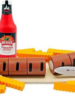 Tanner Spiellebensmittel Bratwurst zum Schneiden mit Pommes und Werder Ketchup, aus Holz, FSC® - schützt Wald - weltweit