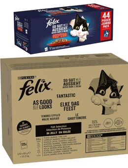 Jumbopack Felix + 44 x 85 g Pouches gratis! - 120 x 85 g "So gut wie es aussieht" Fisch Mix II + 44 x 85 g Huhn, Rind, Ente, Lamm