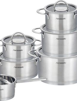 Hanseatic Topf-Set hanseatic, Edelstahl 18/10 (Set, 11-tlg., Fleischtopf 16/20/24 cm, Bratentopf 16/20 cm, Stielkasserolle 16 cm), handfreundliche Kaltmetallgriffe, Literskala, Glasdeckel, Induktion