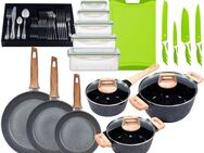 KING Topf-Set »ESSENTIAL« Aluminium, Induktion, Antihaftbeschichtung, Aluminiumguss (Set, 55-tlg., 2 Töpfe, 1 Stieltopf, 3 Glasdeckel, 1 Besteck-Set + Etui), 3 Pfannen, 4 Küchenmesser, 1 Schneidebrett, 5 Vorratsdosen mit Deckel