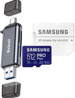 OTG DUAL Speicherkartenleser Beikell Twin, USB 3.0 Typ A & Typ C, SD & MicroSD Laufwerke, Samsung PROPlus MicroSDXC 512GB mit einer Datenübertragung von bis zu 160MB/s, inklusive SD-Adapter - Fürth