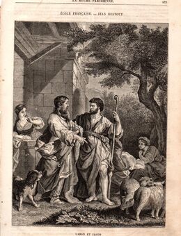 Alte Grafik : Ecole francaise - Jean Restout , Abbildung - Laban et Jacob , Blattgröße 30,5cm x 21cm , M400 - Görlitz