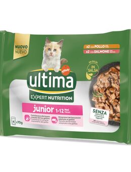 38 + 10 gratis! 48 x 70 g Ultima Cat Expert Nutrition - Junior Huhn & Lachs