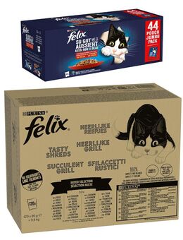 Jumbopack Felix + 44 x 85 g Pouches gratis! - 120 x 80 g "Tasty Shreds" Gemischte Auswahl + 44 x 85 g "So gut wie es aussieht" Huhn, Rind, Ente, Lamm