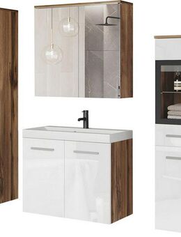 welltime Badmöbel-Set MADRIT II, Schrank mit Waschbecken, 2 Hänger, Spiegelschrank, (Komplett-Set, 5-St), Hängende Badmöbel mit Glaseinsätzen – in vielen Farben erhältlich