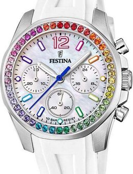 Festina Chronograph Boyfriend Collection F20610/2, Armbanduhr, Quarzuhr, Damen, Stoppfunktion, Zirkonia Regenbogenfarben