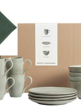 Broste Copenhagen Frühstücks-Geschirrset Nordic Marsh, inklusive Serviette Wilhemina (16-tlg), 4 Personen, Keramik, Beliebte Geschirr Sets Exclusiv mit Geschenk
