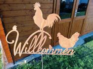 großer Willkommen Stecker Edelrost mit Huhn, Hahn Bauernhof - Kraftisried