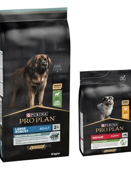 14 kg PURINA PRO PLAN Adult + 3 kg passendes Trockenfutter gratis! - 14 kg Large Robust Lamm & Reis Sensitive Digestion + 3 kg Medium Puppy Healthy Start