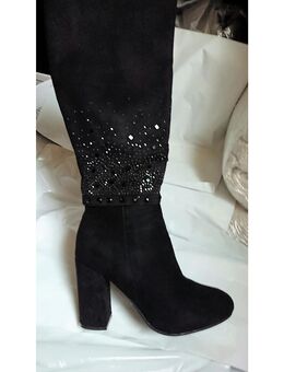Gr. 40, sexy High Heels Stiefel m. GLITZER Steinchen, 10 cm Blockabsatz - Bruchköbel