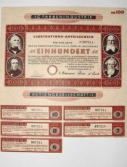 Historisches Wertpapier. I.G.Farbenindustrie, Liquidations-Anteilschein, 100 Reichsmark - Königsbach-Stein