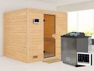 Karibu Sauna Soraja, BxTxH: 231 x 196 x 200 cm, 40 mm, (Set) 9-kW-Bio-Ofen mit externer Steuerung