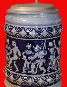 Bierkrug mit Zinndeckel Keramik Füllmenge 0,5Liter , Motive vom Bauerntanz , am Deckel Schriftzug Siegfried , Höhe 16cm ,K326 - Görlitz