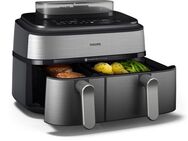 Philips Heißluftfritteuse 5000 Series NA555/00, Dual Basket mit Steam und 9L Kapazität (6L+3L), 2750 W, RapidAir Plus Technologie und 19 Kochfunktionen, Silber/Edelstahl
