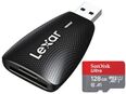 Speicherkartenleser Lexar DUAL, MicroSD & SD Laufwerke, USB 3.1 Typ A, SanDisk Ultra MicroSDXC 128GB mit einer Datenübertragung von bis zu 120MB/s, inklusive SD-Adapter in 90763