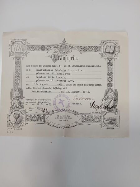 Trauschein 1933 - Linz (Rhein)