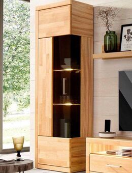 Home affaire Vitrine Ribe,180cm hoch,5 Fächer,2 Glasböden variabel einsetzbar Korpus aus Holzwerkstoff,dunkles gehärtetes Glas, Metall Griffe