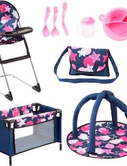 Bayer Puppenmöbel Puppen-Reisebett und Hochstuhl blau/rosa (Set), mit Hochstuhl, Spielbogen und Zubehör für die Puppenpflege