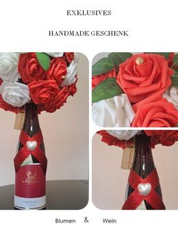 Exklusives Handmade Kombi-Geschenk: Blumenstrauß und Rotwein. Date Valentinstag Hochzeitsdeko Tischdeko Geschenke für Frauen - Villingen-Schwenningen