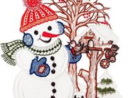 W. Reuter & Sohn - Plauener Spitze® Fensterbild Fensterbild "Schneemann mit Vogelhaus" farbig