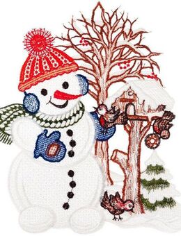 W. Reuter & Sohn - Plauener Spitze® Fensterbild Fensterbild "Schneemann mit Vogelhaus" farbig