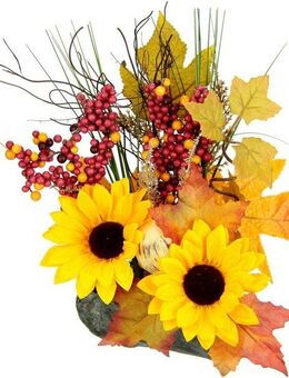 Kunstblume Gesteck aus Sonnenblumen auf Stein, I.GE.A., Höhe 28 cm, Künstliche Blumen Herbstgesteck Deko Ornamente für Halloween