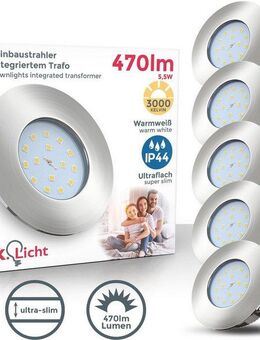 B.K.Licht LED Einbauleuchte 5er Set Bad Einbaustrahler, IP44 geschützt, LED Einbauspots, flach, Dimmfunktion, LED fest integriert, Warmweiß, 3.000K, 470Lm, 5,5W, Kunststoff, 7,5 x 3 cm, Nickel