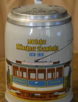 Bierkrug mit Zinndeckel 0,5 Liter , München , 100 Jahre Münchener Trambahn 1876 - 1976 - Görlitz