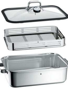 WMF Dampfgartopf Vitalis, Bräter Induktion mit Glasdeckel und Silikonrand, Cromargan® Edelstahl Rostfrei 18/10, Dampfgarer mit integriertem Thermometer, backofengeeignet bis 180 Grad