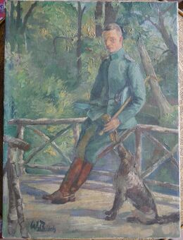 Offizier mit Hund auf einer Brücke ., signiert W. Busch ,Ölgemälde auf Leinwand , Größe 49cm x 36cm , 1. WK - Görlitz