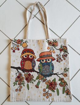 Einkaufstasche, Stofftasche, Tragetasche - Gobelin-Stil - Motiv Eulen Liebespaar. 43 x 43 cm. Waschbar bis 40 °C. Neu. - Hamburg Wandsbek