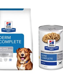 10 kg / 12 kg Hill's Prescription Diet + passendes Nassfutter gratis! - 12 kg Derm Complete mit Reis & Ei + 3 x 370 g Nassfutter
