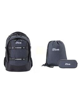 2be Schulrucksack Black Grey, mit Turnbeutel und Federmäppchen